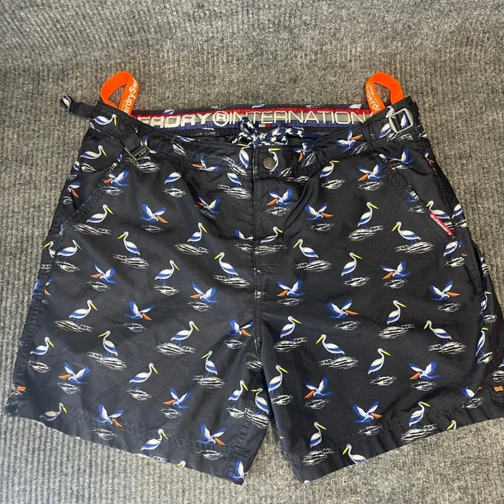Superdry Pelican Print Swim Shorts Mens L Navy Blue Excellent Mesh‎ Lined Trunks